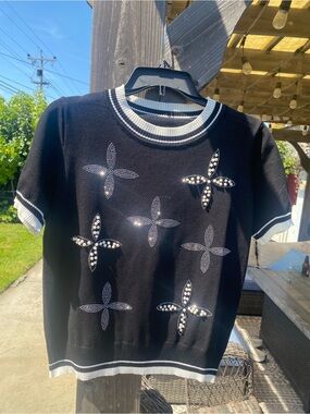 Black Short-Sleeve Embellished Knit Sweater